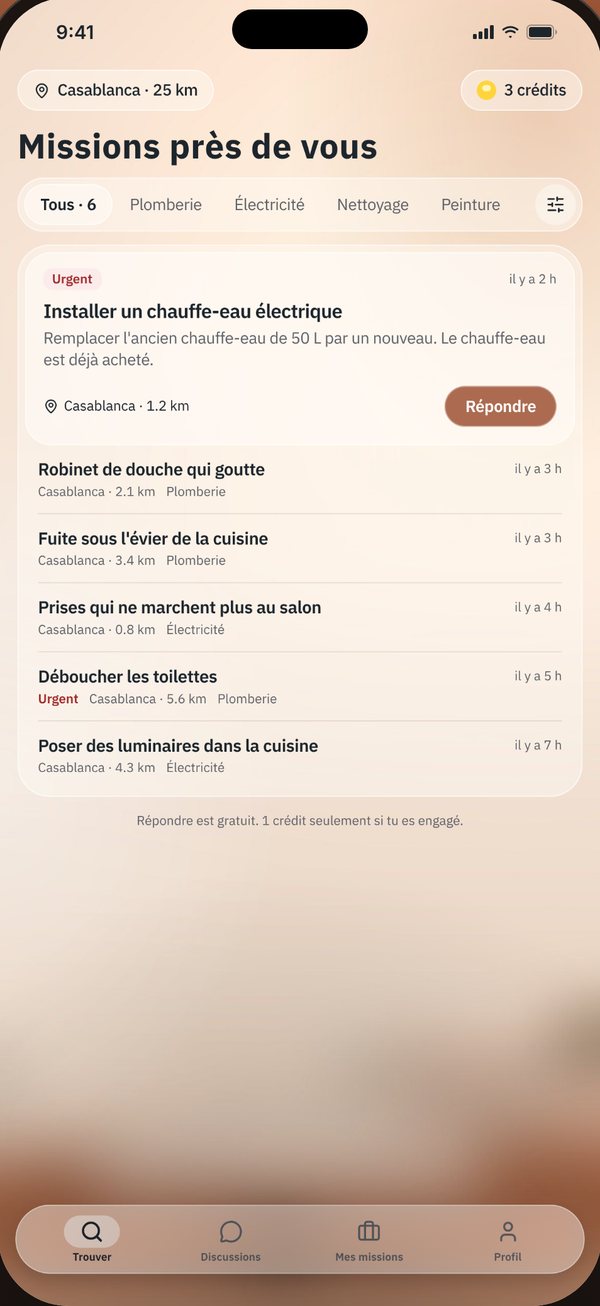 La liste des missions dans l’app Moudir pour les artisans